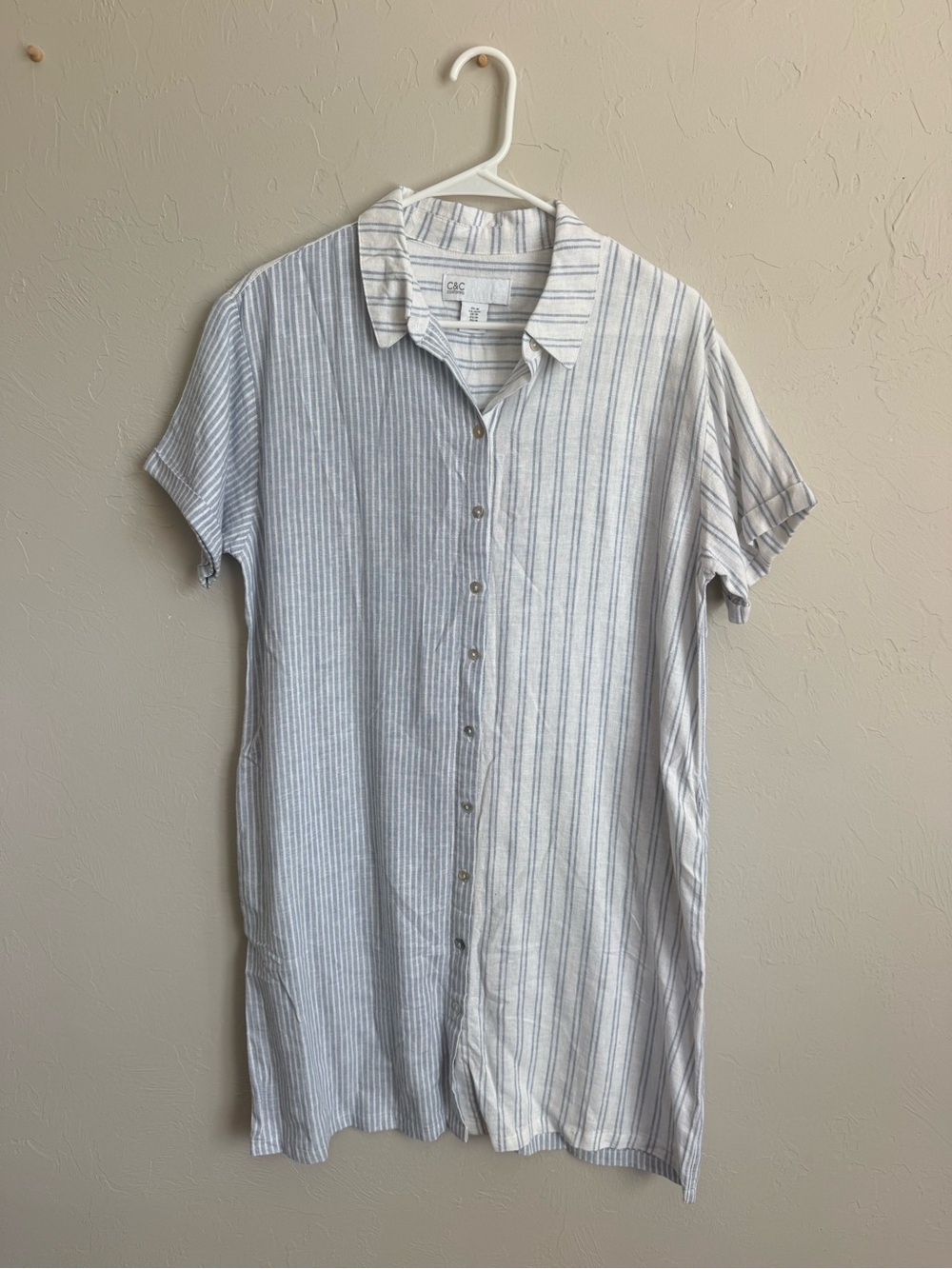Lightweight linen blend blue and white Striped shirt dress